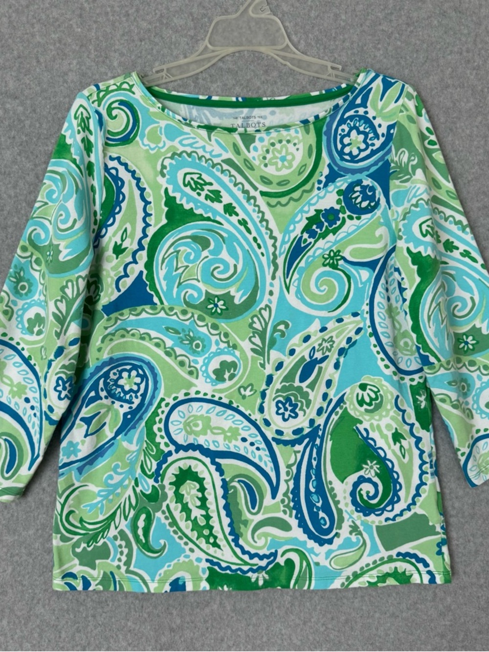 Talbots Tee Womens Large Green Blue Paisley Floral 3/4 Sleeve Casual T Shirt